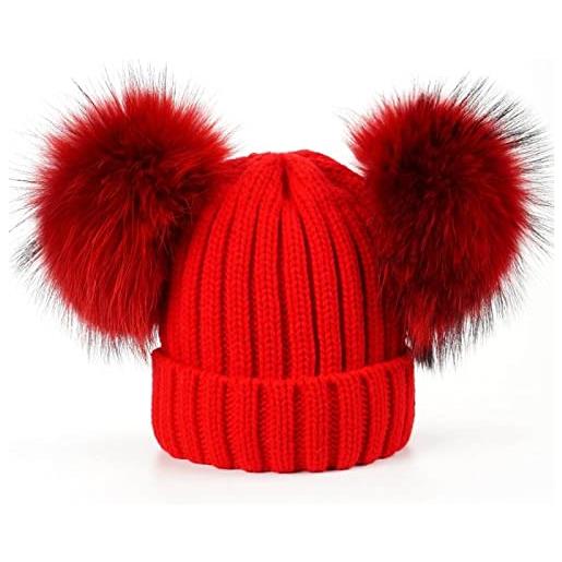 BLOMDE cappello donna lana cappello in maglia senza bordi, un cappello di lana di nuovo stile con due palle di pelo per l'autunno e l'inverno, 02