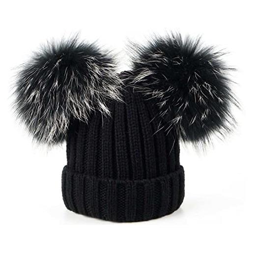 BLOMDE cappello donna lana cappello in maglia senza bordi, un cappello di lana di nuovo stile con due palle di pelo per l'autunno e l'inverno, 10