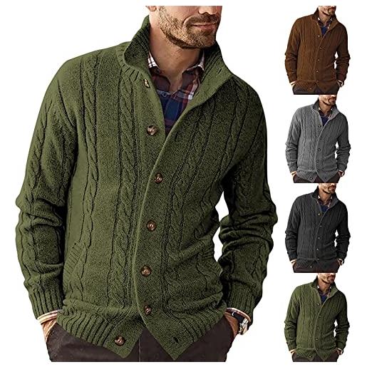 SCYDAO cardigan maglione in maglia a trecce da uomo con bottoni a collo alto, verde, m