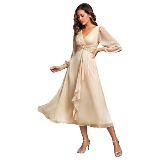 Ever-Pretty abito da sera donna elegante maniche lunghe scollo a v luminoso linea a conte marrone 56