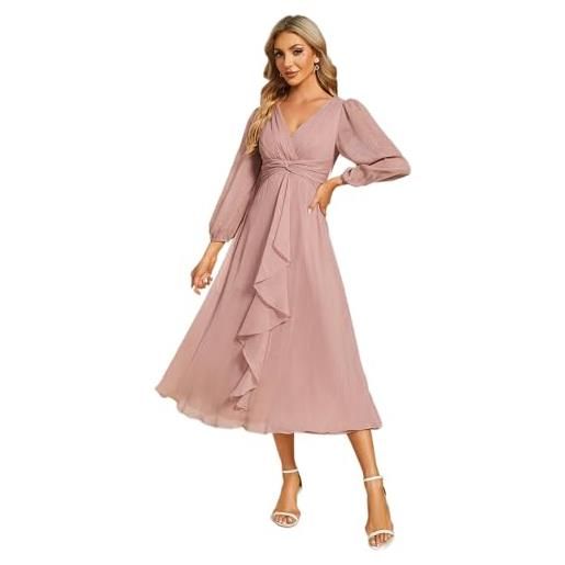 Ever-Pretty vestito elegante donna cerimonia manica lunga collo a v gonna midi abito da sera champagne 50