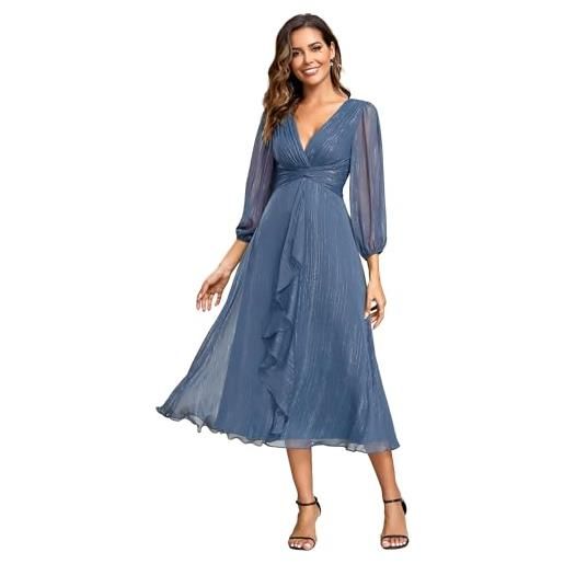 Ever-Pretty vestito elegante donna cerimonia manica lunga collo a v gonna midi abito da sera blu navy 54
