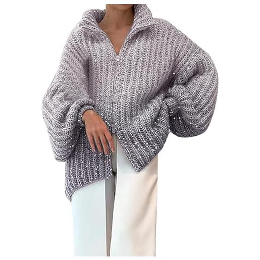 HANXIULIN maglioncino bianco manica lunga cardigan lungo allentato glitterato per donna, maglione con paillettes, capispalla maglioni lana invernali lunghi (grey, xxxl)