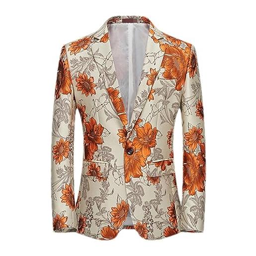 Ruereuu blazer stampato da uomo stage wedding tuxedo banquet business abito casual cappotto con scollo a v orange asia 3xl 76-80kg