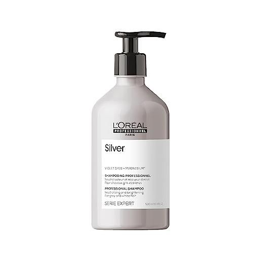 L'Oréal Professionnel Paris shampoo professionale per capelli grigi e bianchi silver serie expert, formula neutralizzante anti-giallo, 500 ml