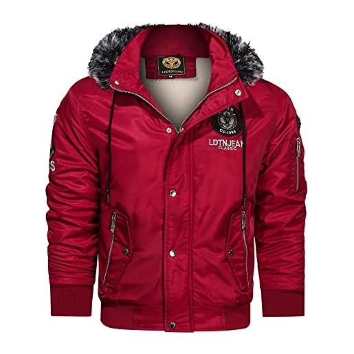 Kobilee giacca da aviatore imbottita, da uomo, calda e calda, con cappuccio in pelliccia, con cerniera, giacca da pilota, giacca invernale, colore: rosso, xxl