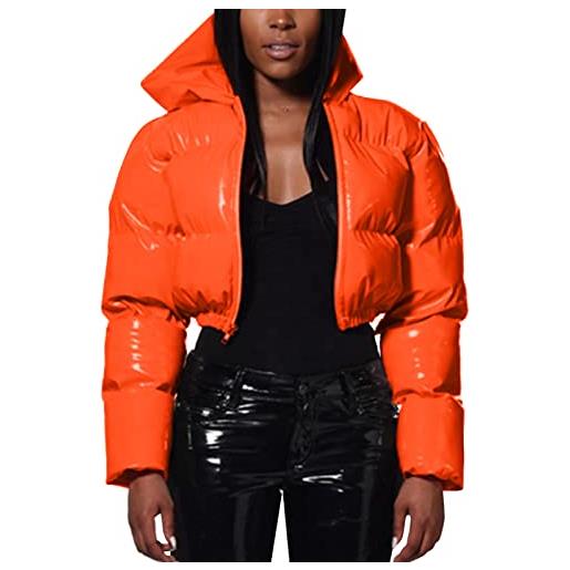 SkotO giacca invernale da donna, lucida, per le mezze stagioni, giacca corta in pelle verniciata, con cappuccio, a maniche lunghe, calda, con tasche, colore: arancione. , m