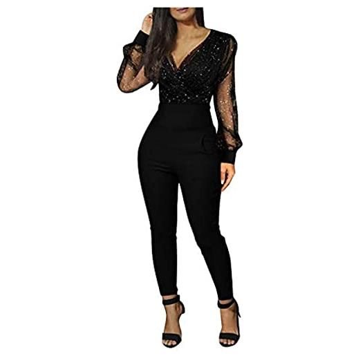 Vagbalena tuta da donna elegante per il matrimonio tuta estiva a maniche lunghe con scollo a v tuta con scollo a v maglia sottile a maniche lunghe tuta in pizzo per il partito indossare (rosso, l)