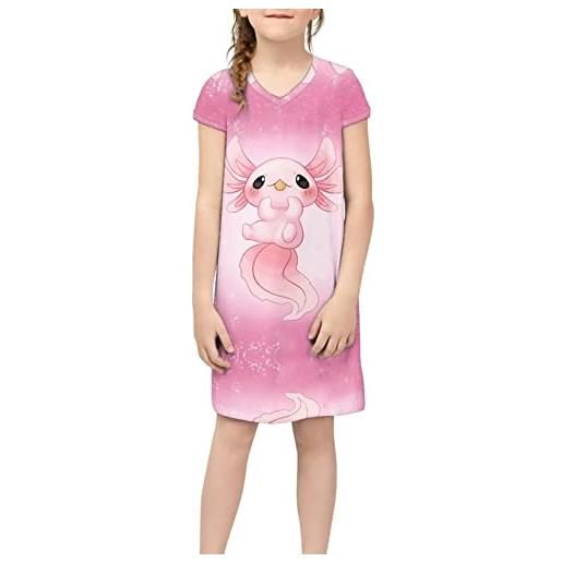 Binienty t-shirt con gonna a maniche corte per ragazze carine con scollo a v con stampa grafica per 4-14 anni, cartone animato axolotl, 12 anni