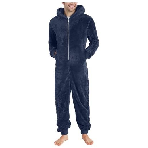 JokeLomple tuta jumpsuit uomo pigiama - morbido e confortevole pigiama in peluche termico tinta unita pigiama uomo taglia forte per l'inverno tuta pile uomo calda