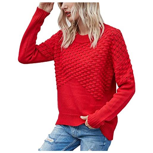 Shffuw maglia collo pullover da donna con scollo tondo, maglione lavorato a maglia da donna, tinta unita, manica lunga maglione collo donna (red, m)