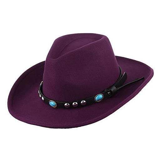 LQBYWL cappelli unisex autunno inverno cappello da cowboy jazz lana poliestere moda cintura decorazione cappello fedora cappello in feltro a tesa larga tinta unita casual (color: viola, dimensione