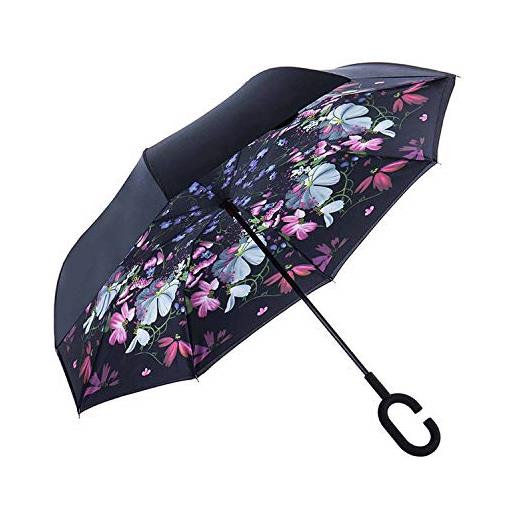 TRADE® iris flower rovesciato inverso ombrello per auto pieghevole c-shaped maneggiare compatto leggero a prova di vento ombrello uomini donne ideale regalo