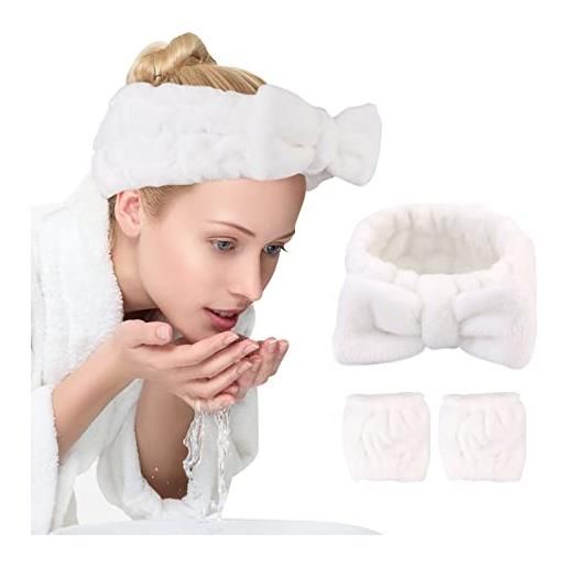 UNIMEIX set da 3 fasce per capelli e polsi, riutilizzabili, in morbido pile, per lavare il viso, la doccia (bianco sciolto)