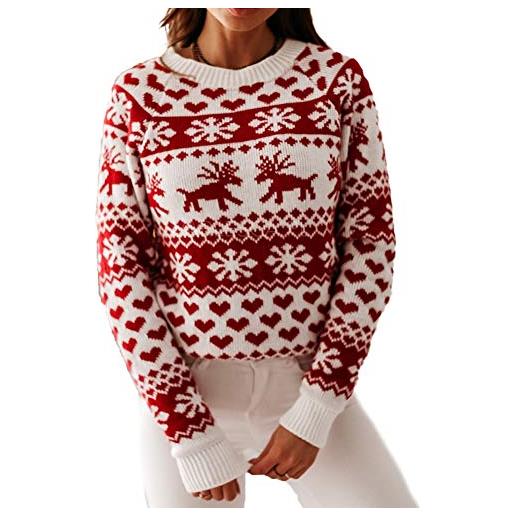 Chollius maglione natalizio donna con stampa fiocco di neve alce cuore sweatshirt girocollo a manica lunga casual lavorato a maglia spesso per vita quotidiana vacanze taglie forte (bianco, xl)