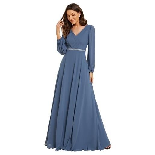 Ever-Pretty vestito elegante donna cerimonia manica lunga scollo a v gonna lunga fino al pavimento abito da sera denim blu 42