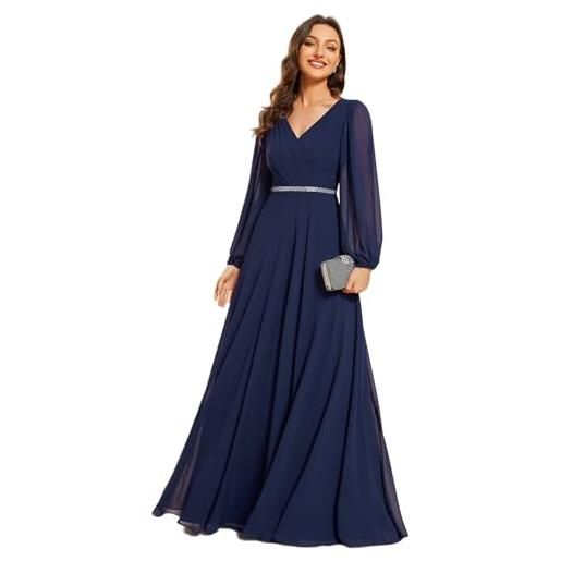 Ever-Pretty vestito elegante donna cerimonia manica lunga scollo a v gonna lunga fino al pavimento abito da sera denim blu 52