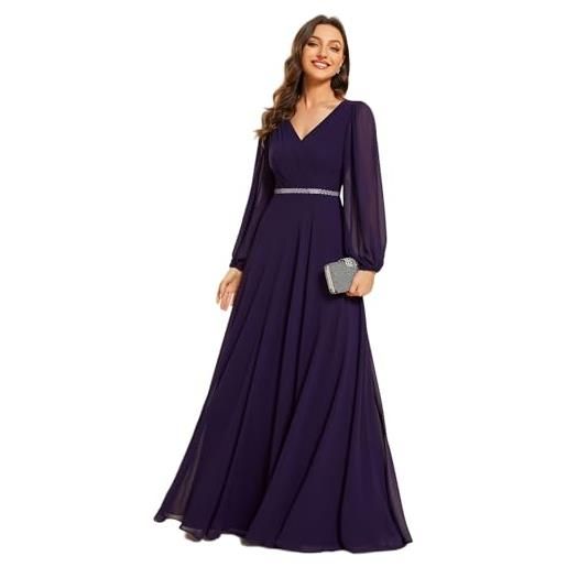 Ever-Pretty vestito elegante donna cerimonia manica lunga scollo a v gonna lunga fino al pavimento abito da sera ee01981 blu navy 54