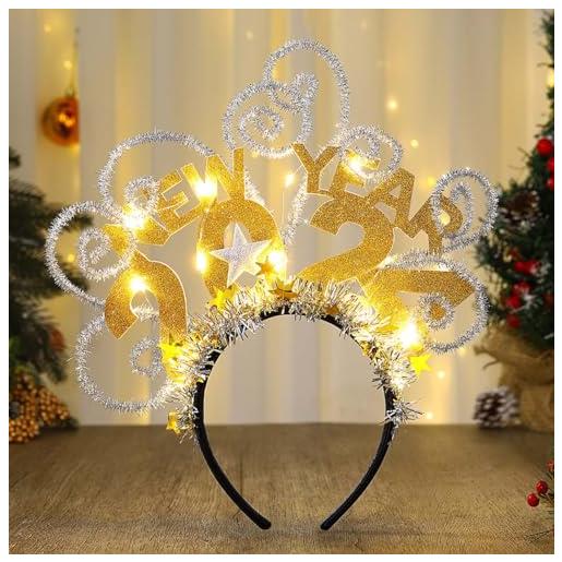 Vakkery light up happy new year 2024 - cerchietto per capelli con stella a led e corona glitterata, accessorio per capelli per donne e ragazze (argento)