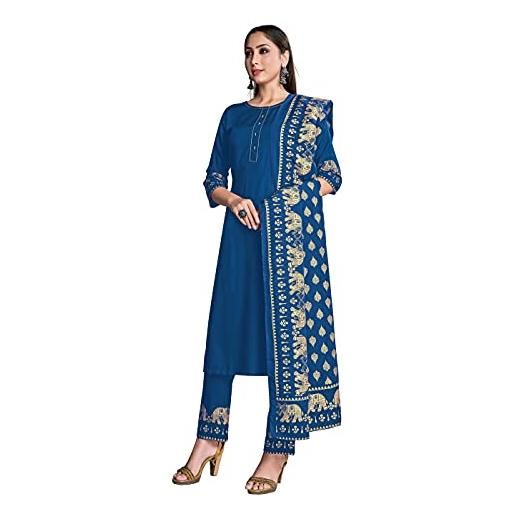 STYLE INSTANT kurti indiano da donna con pantaloni dupatta, abito con stampa in lamina di rayon kurtis kurta per top da donna, blu, m