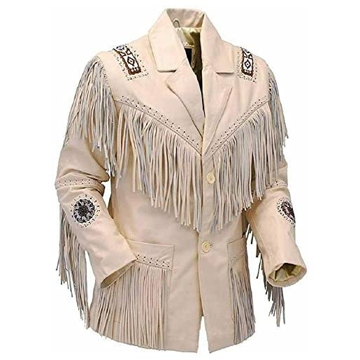 R M cappotto da cowboy western in pelle giacca indiana da uomo con frange e perline (small, white beige)
