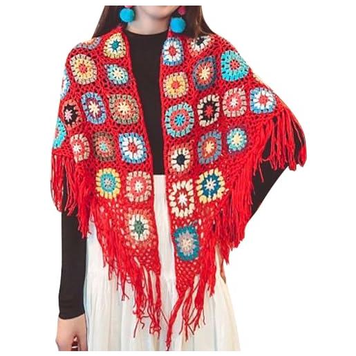 SMDPPWDBB 154,9 x 73,7 cm fatto a mano all'uncinetto con frange poncho scialli avvolgere nonna quadrato cappotto maglione donna, rosso, taglia unica