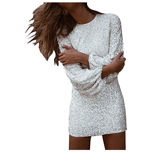 BOTCAM abito da donna con paillette, maniche lunghe, mini sexy elegante per feste e serate, beige, s