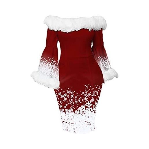 YNIEIAA vestito da donna natalizio con stampa a fiocchi di neve, per il tempo libero, a maniche lunghe, senza spalline, in peluche, slim fit, natale, bodycon, elegante, sexy, rosso, bianco, per feste, 