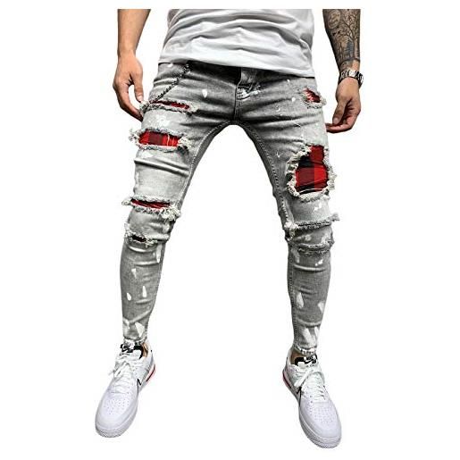 WangsCanis jeans strappati da uomo pantaloni a vita alta da ragazzo fori attillati motociclista hip-hop jeans elasticizzati plaid pantaloni attillati strappati patchwork (nero, l)
