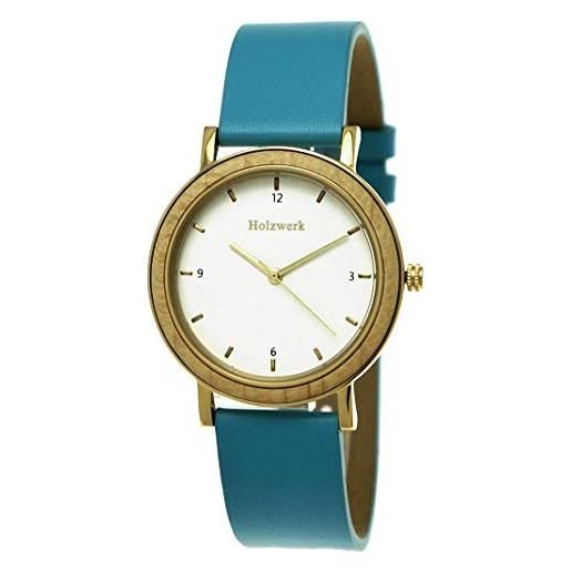 Holzwerk Germany orologio da donna, realizzato a mano, ecologico, in legno, analogico, classico, al quarzo, blu, turchese, oro, marrone, cinghia