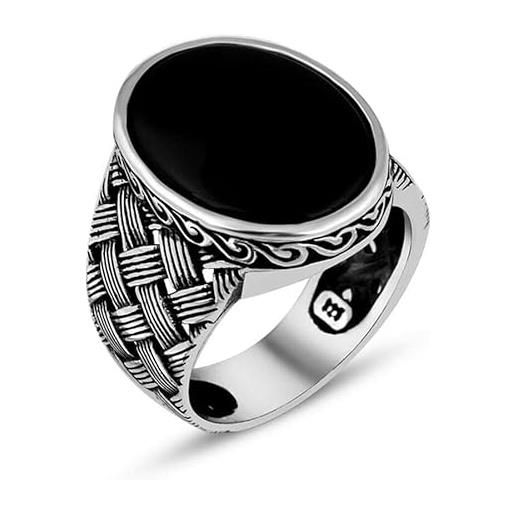 SOHO SILVERS anello da uomo in argento in pietra di onice nero con motivi a maglia, anello ovale in argento in onice da uomo, anello in stile ottomano fatto a mano, regalo per l'anello di classe | 23