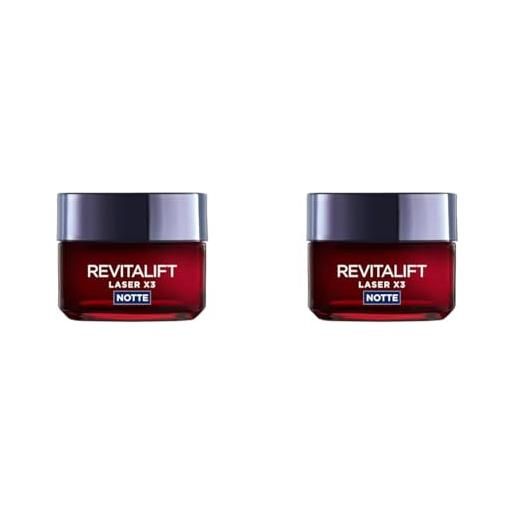 L'Oréal Paris crema viso notte revitalift laser x3, azione antirughe e anti-età, pelle ridensificata e e rinforzata, con acido ialuronico, vitamina c e pro-retinolo, 50 ml (confezione da 2)