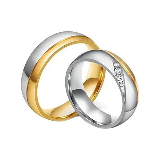 ANAZOZ anelli in acciaio inossidabile per coppia, anelli coppia con incisione personalizzata anelli oro argento anello con rotondo 6mm zirconia cubica bianca taglia donna 17(57mm) + uomo 30(70mm)