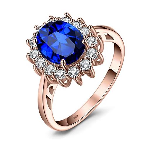JewelryPalace kate middleton anello halo donna argento 925 con creato zaffiro blu, principessa diana william anelli donna con pietra ovale, fedina zirconi in oro rosa set gioielli donna 14.5