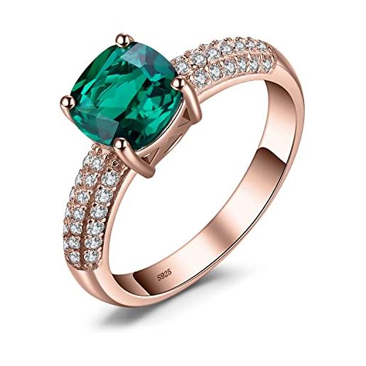 JewelryPalace 1.8ct anelli donna argento 925 simulato smeraldo, anello oro rosa con pietra verde a taglio cuscino, classico anello solitario donna, promessa fede fidanzamento, set gioielli donna 14.5