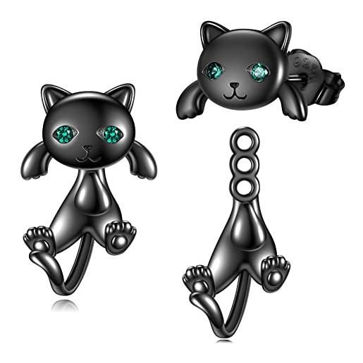 POPLYKE orecchini a forma di gatto nero per donne in argento sterling 925 orecchini per ragazze gatto nero gioielli regali per gli amanti dei gatti, argento sterling, abalone