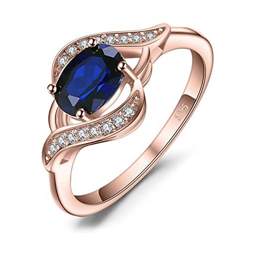 JewelryPalace anello solitario donna argento con creato zaffiro blu, anelli donna argento 925 con pietra a taglio ovale, semplice fedina in oro rosa anelli anniversario set gioielli donna 21