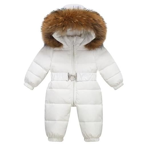 KEIZHUONIQIU tuta invernale da neve per neonati, calda giacca invernale con cappuccio, unisex, per bambini, a caricatura, bianco, 90