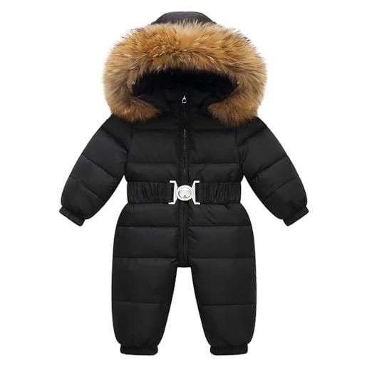 KEIZHUONIQIU tuta invernale da neve per neonati, calda giacca invernale con cappuccio, unisex, per bambini, a caricatura, nero , 120