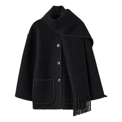 Ornrjfll vintage solido cappotto di lana per le donne autunno monopetto peacoat con sciarpa femminile street outerwear, nero , xl