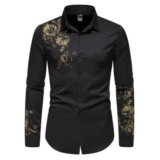 TANGLI camicie da uomo hipster ricamo design slim fit manica lunga button down camicie uomo oro lucido 3d motivo floreale camicia slim fit button down per prom. 