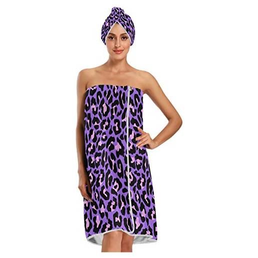 Xigua - accappatoio da donna per spa/bagno, leggero e regolabile, morbido e caldo accappatoio da donna, con cappuccio e fascia per capelli, con stampa leopardata viola e rosa
