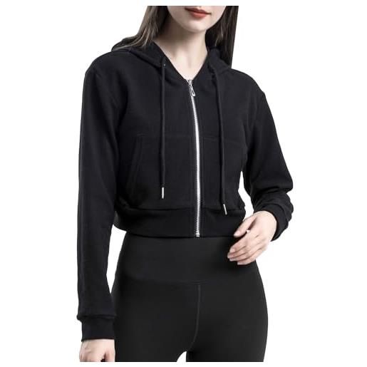 SEAUR giacca sportiva donna maniche lunghe felpa corta con cappuccio e tasche tops pullover leggero traspirante per fitness yoga jogging nero xl