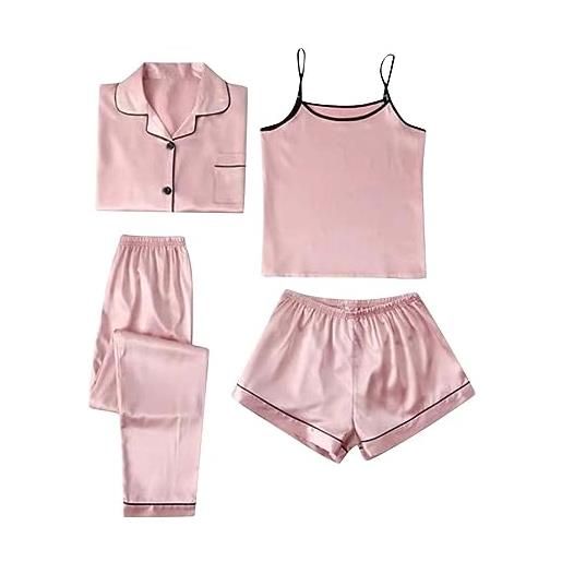 OBiQuzz pigiama da donna corto in raso, 4 pezzi, pigiama a maniche corte, pigiameria e pantaloncini, set da donna, set casual, loungewear caldo pigiama da donna, z6-rosa, s