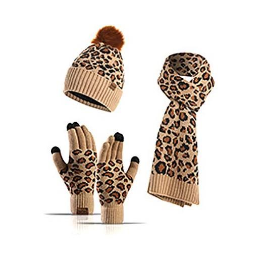 Winmany 3pcs inverno caldo cappello sciarpa guanti set per le donne uomini knit fleece touchscreen guanti beanie cappello sci cap, leopardo cachi, universale