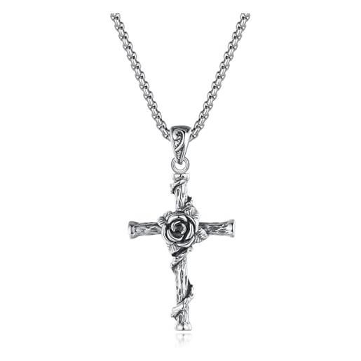 JeweBella Collana Croce Uomo Donna Ciondolo Croce Nera in Argento Sterling  925 con 3MM Largo Catena Veneziana in Acciaio Inossidabile 61CM Argento