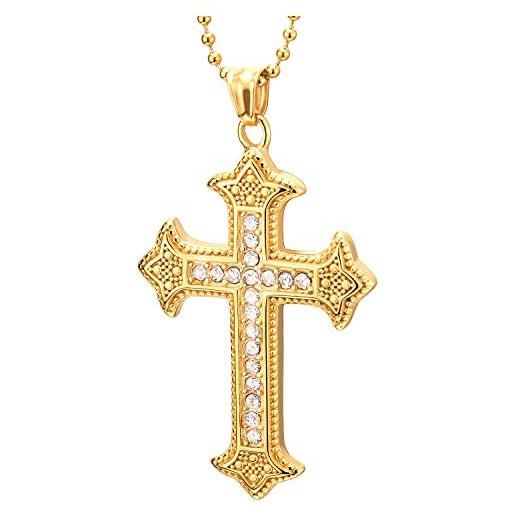 COOLSTEELANDBEYOND colore oro punteggiati patonce collana con pendente croce con zirconi, uomo donna ciondolo croce, acciaio, catena 75cm