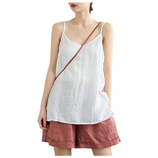 HanPaint donne estate cotone lino spaghetti strap top halter v collo basico senza maniche canotte allentato casual camis, bianco, l
