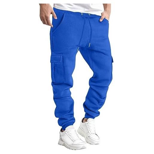 Generico pantalone chiaro da uomo autunno e inverno pantaloni tinta unita multitasche con lacci elastici in vita pantaloni estate pantaloni larga (blue, xxxl)