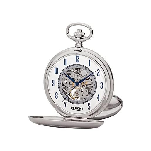 Regent orologio da tasca da uomo savonnette scheletro 53 mm meccanico a carica manuale, numeri arabi in diverse varianti, p-705 - argento